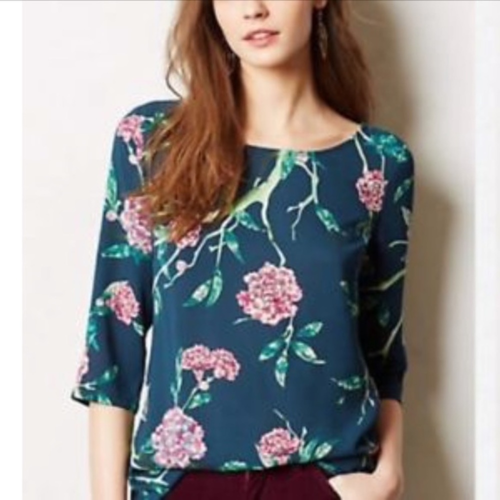 Anthropologie | Green Floral Eira Blouse